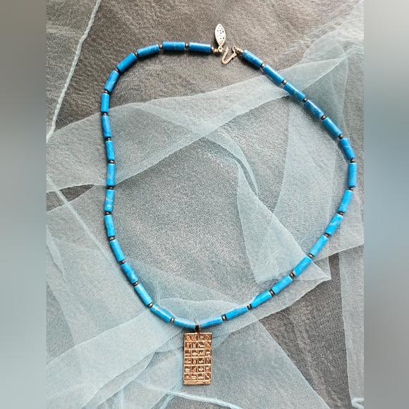 Egyptian Sterling Silver Hieroglyphics Pendant Blue Howlite Beads Necklace - Picture 8 of 10